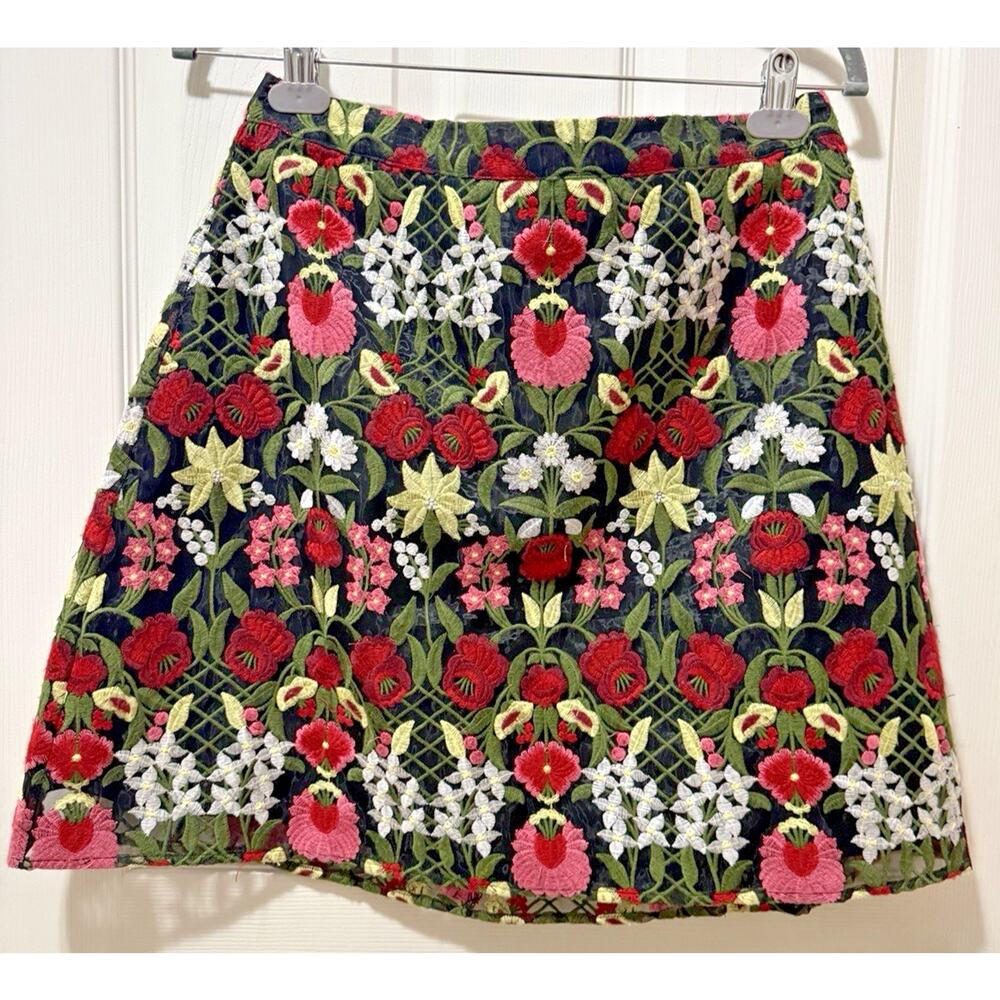 Floral Embroidered A-Line Skirt - Pink, Red & Green
